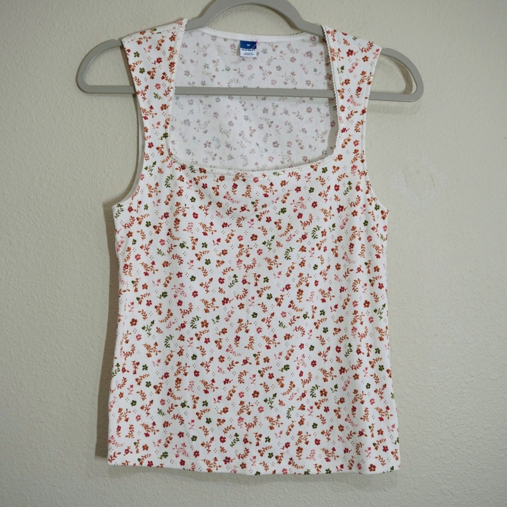 Old Navy Women's Medium Tank Top White Fall Floral Ribbed Square Neck Lace